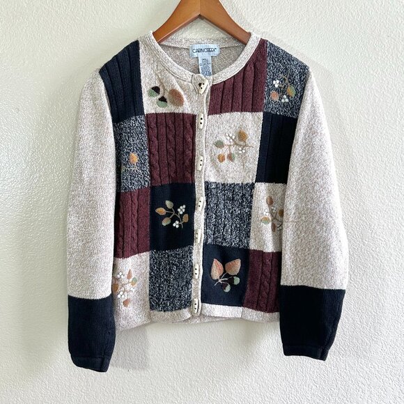 Cabin Creek Vtg 90 Cozy Knit Brown Embr. Cardigan Sweater - Picture 2 of 5